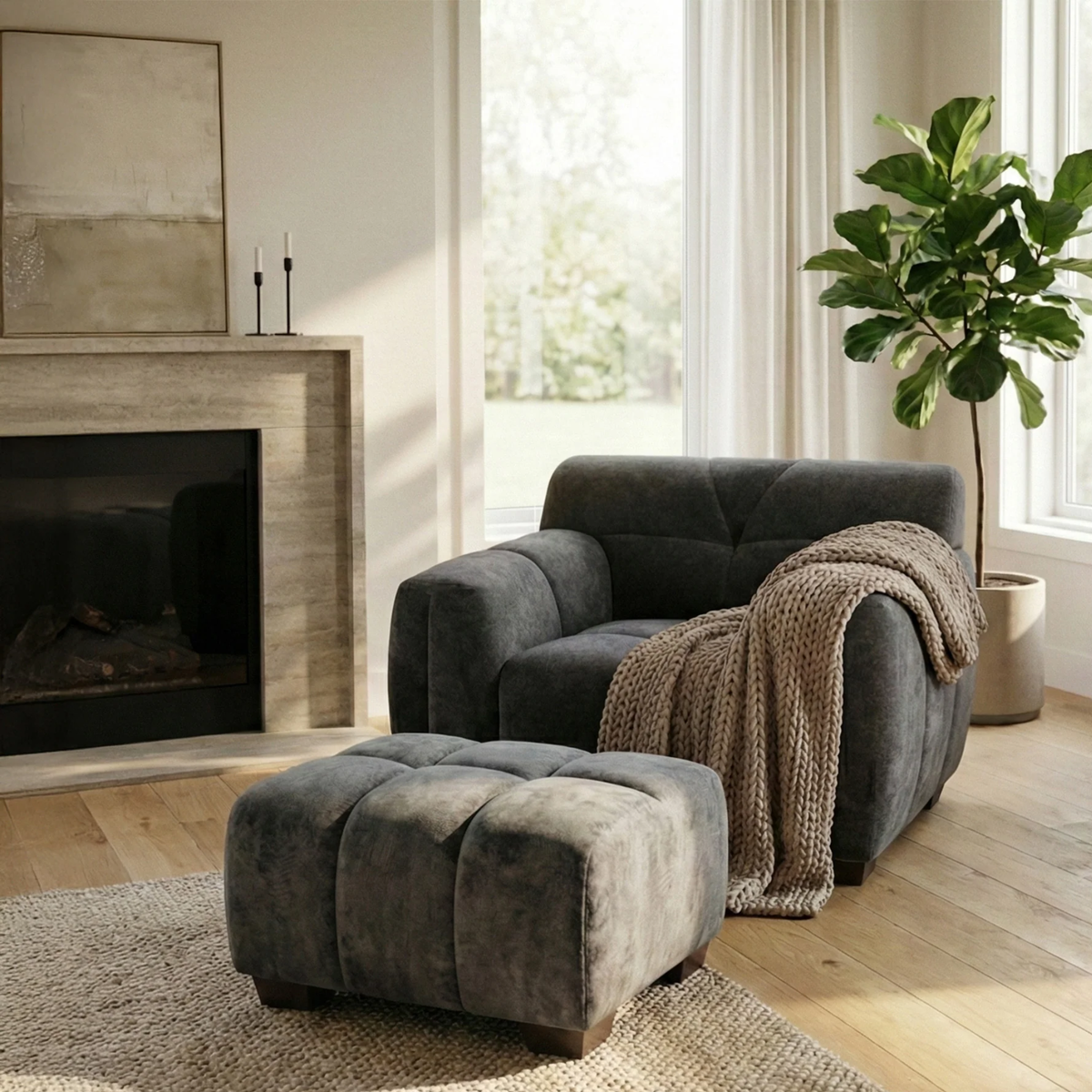 Hendrix Modular Footstool in Steel Grey Velvet
