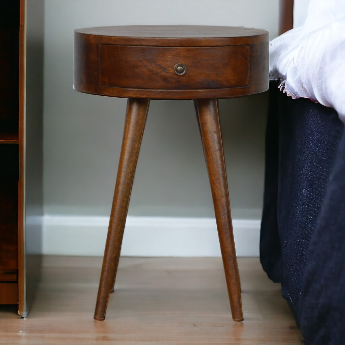 Nordic Chestnut Mango Wood Circular Bedside Table