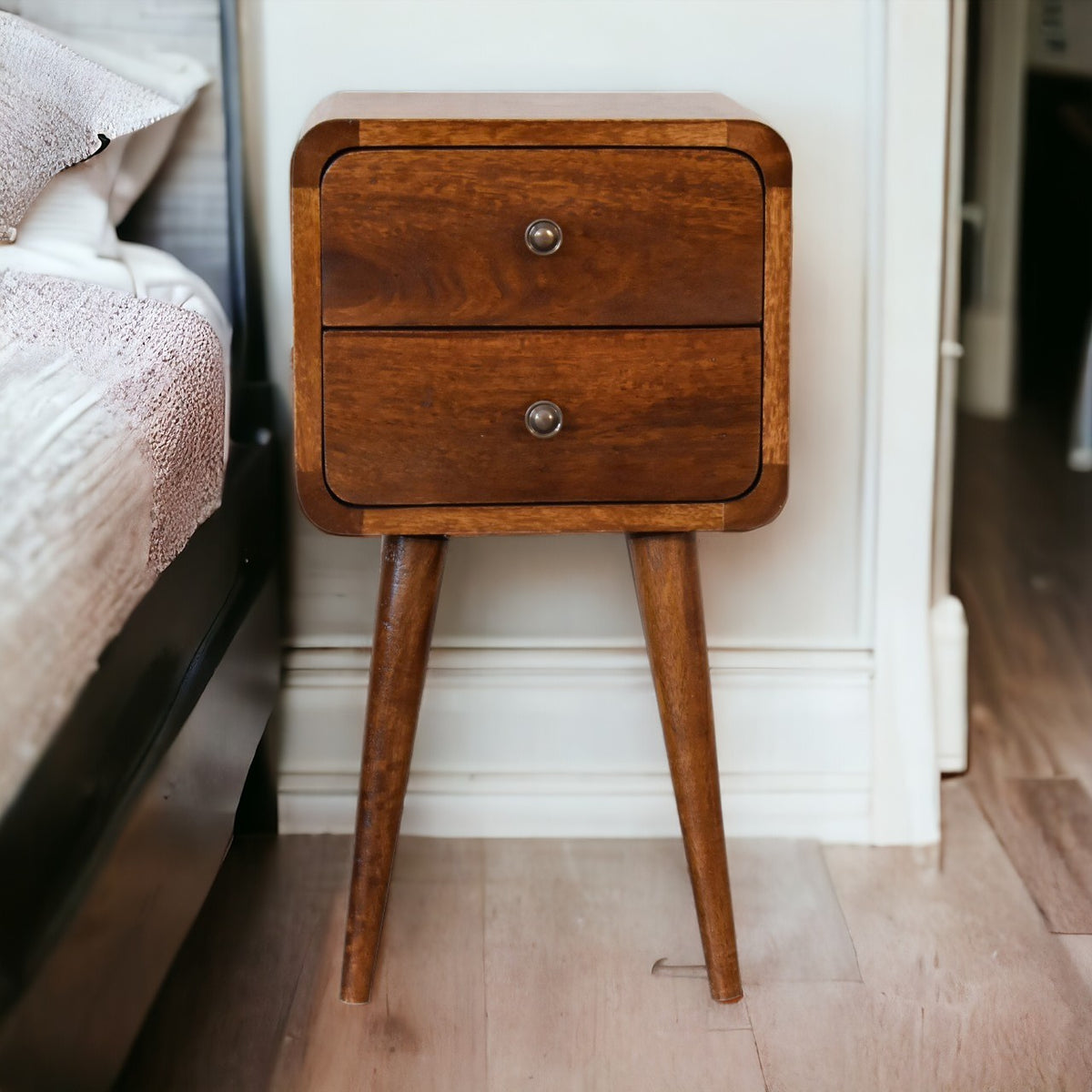 Mini Chestnut Mango Wood Curved Bedside Table