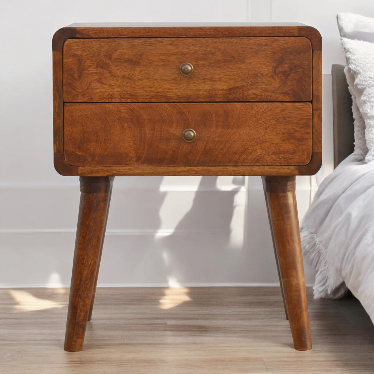 Curved Chestnut Mango Wood Bedside Table