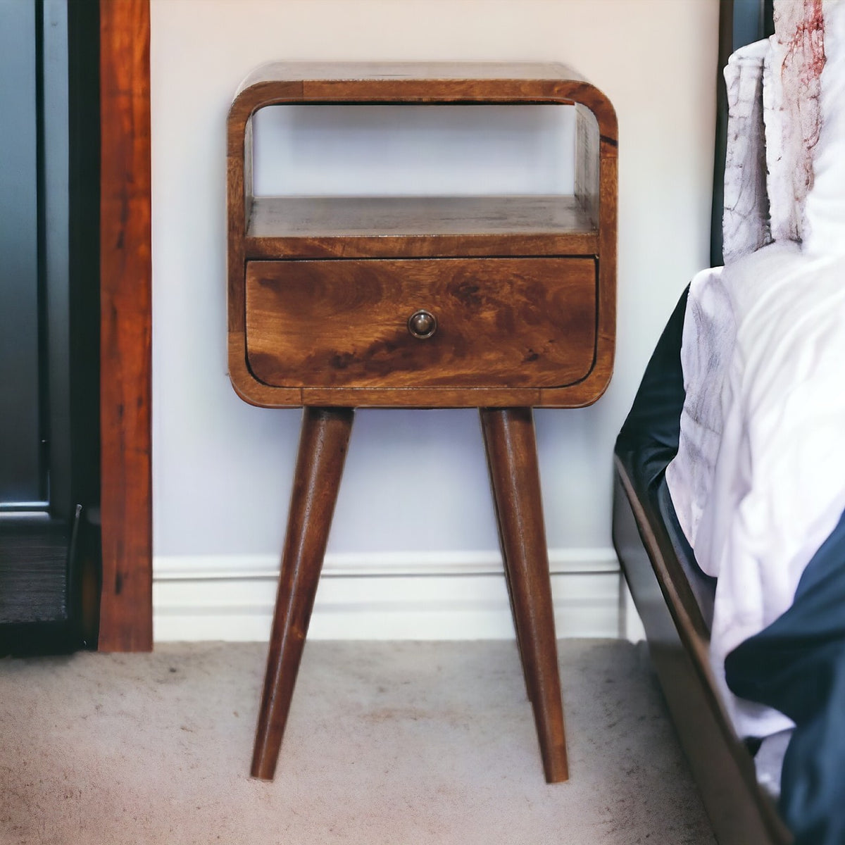 Mini Chestnut Curved Open Bedside Table