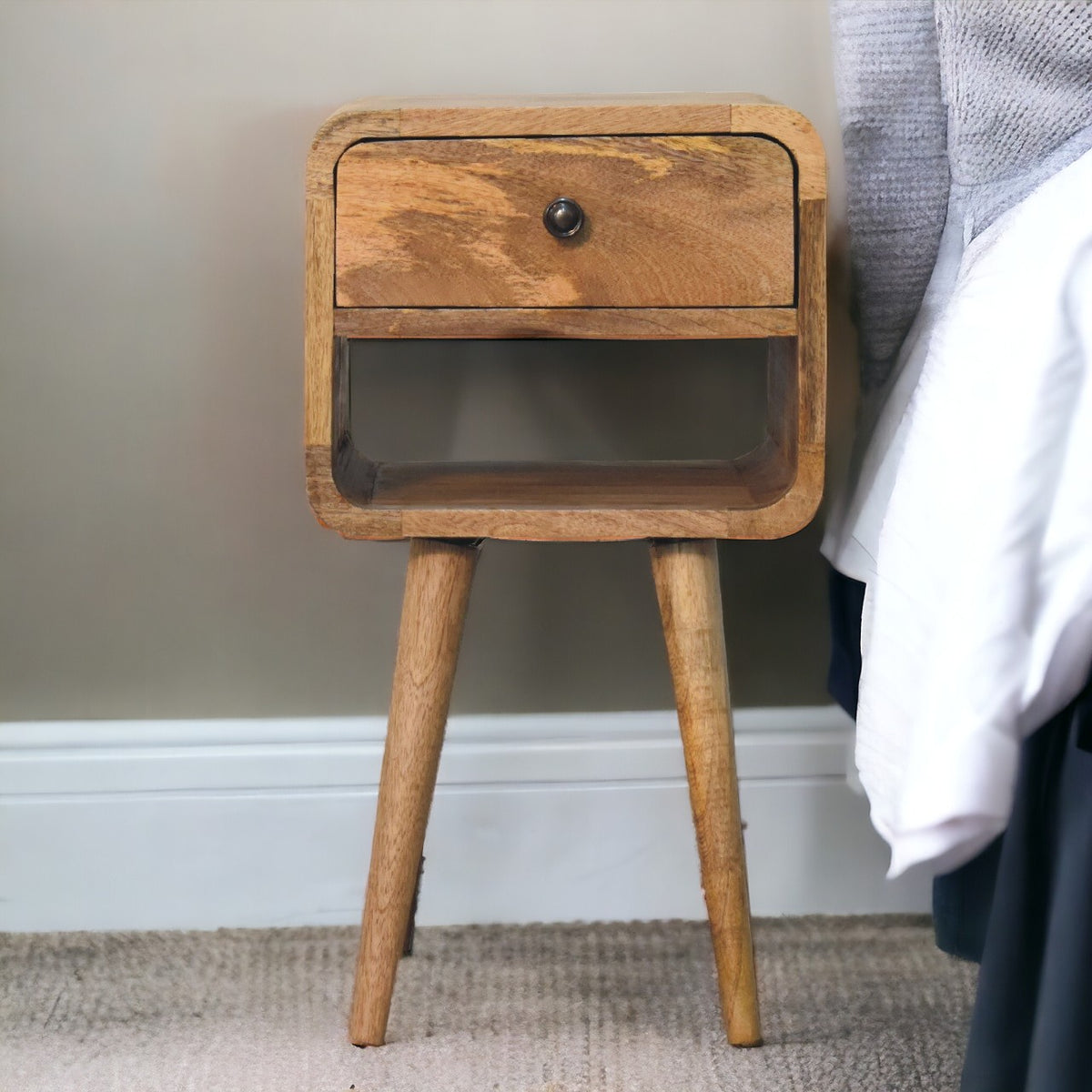 Small 1 Drawer Curved Mango Wood Bedside Table