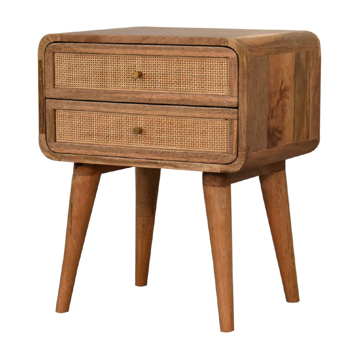 Curved Rattan & Mango Wood 2 Drawer Bedside Table