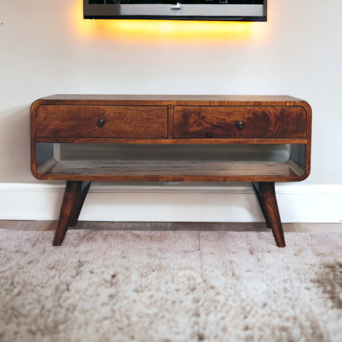 Reverse Curved Mango Wood TV Media Unit in Chestnut