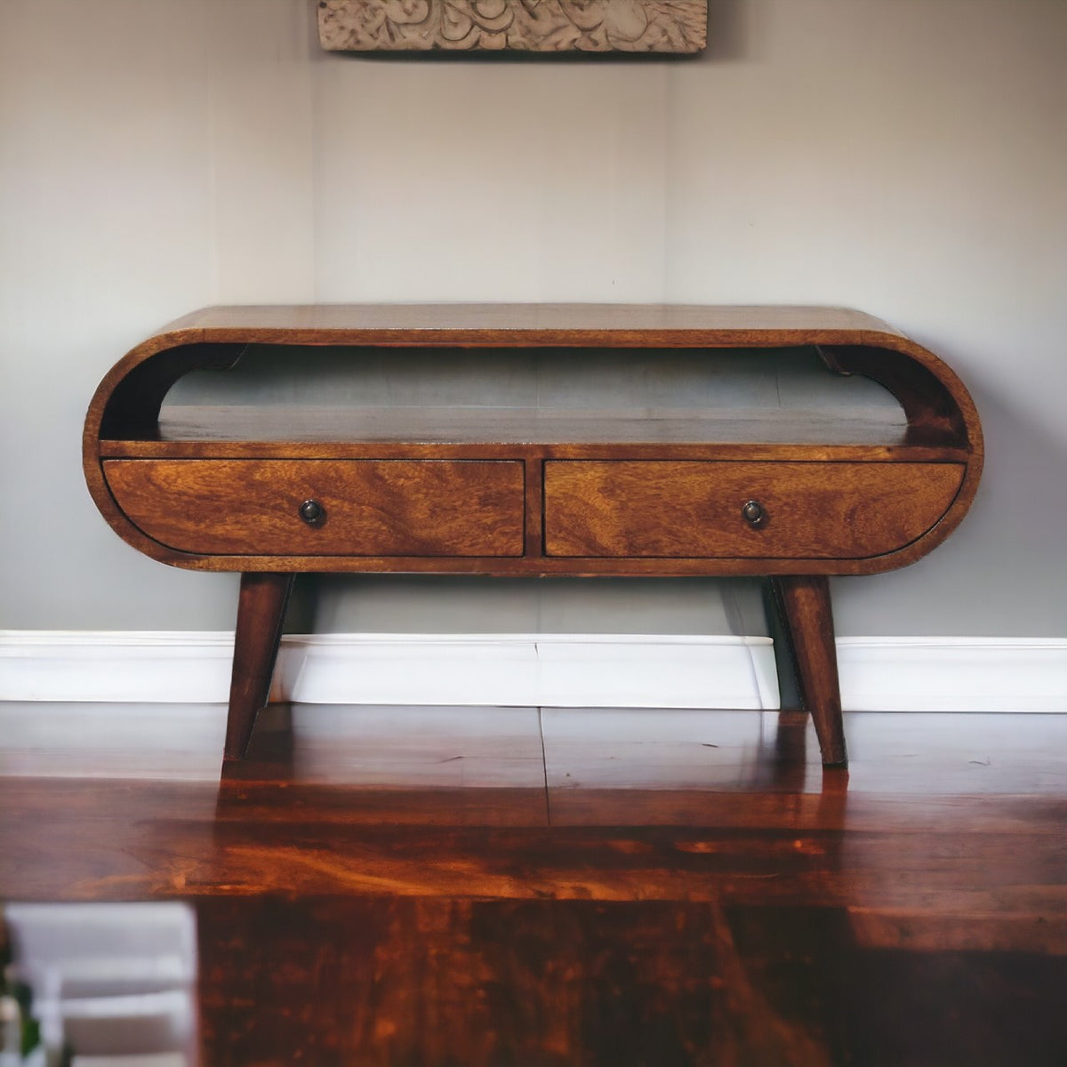 Chestnut Curved Mango Wood TV Stand