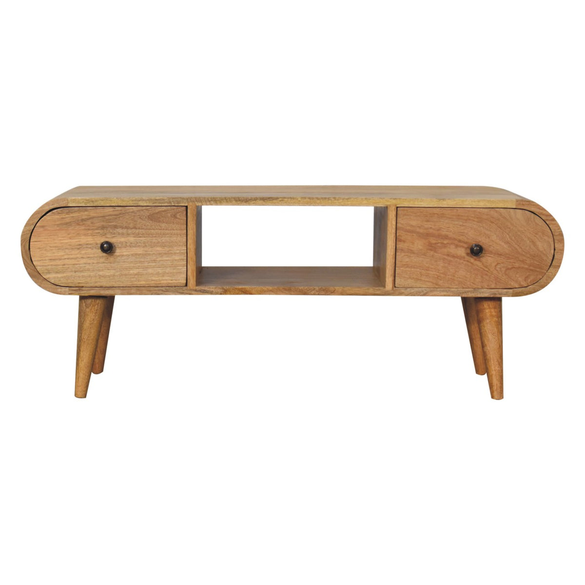 Rounded 2 Drawer Mango Wood TV Unit Oak-ish Finish