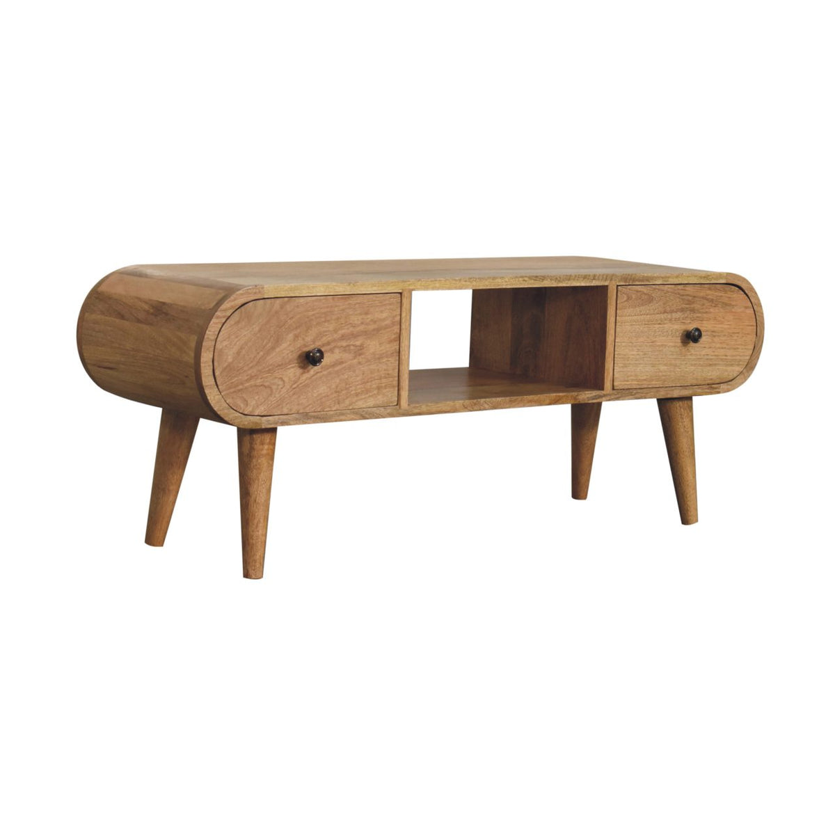 Rounded 2 Drawer Mango Wood TV Unit Oak-ish Finish