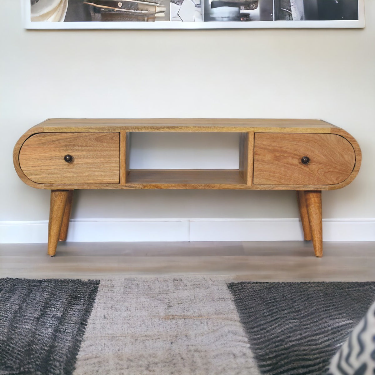 Rounded 2 Drawer Mango Wood TV Unit Oak-ish Finish