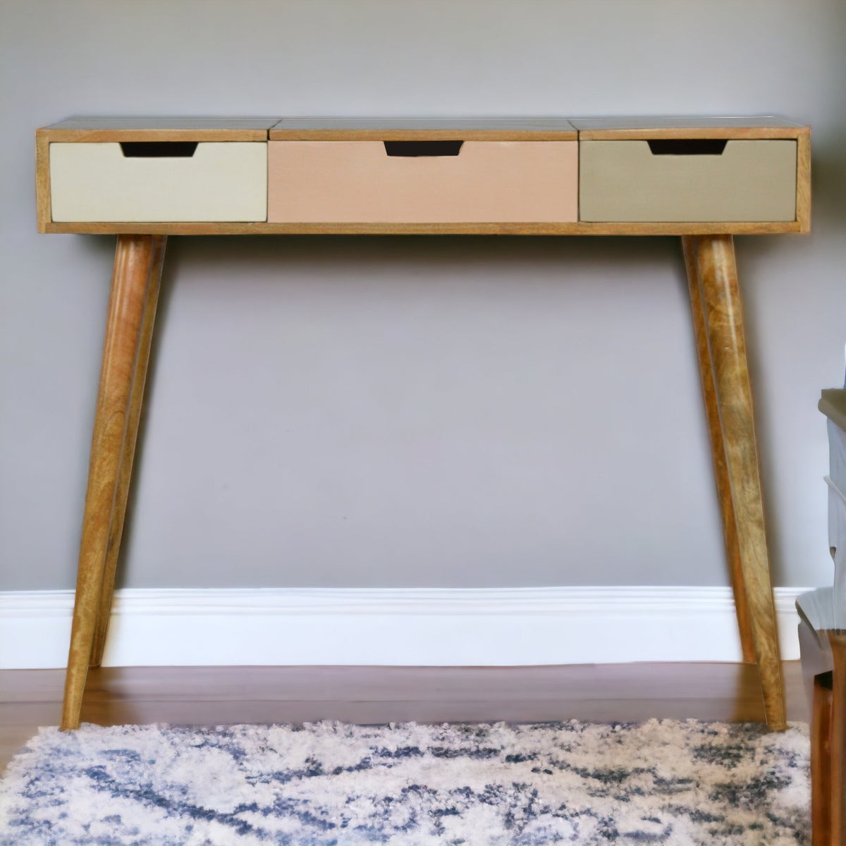 Pink Gradient Mango Wood Dressing Table with Foldable Mirror