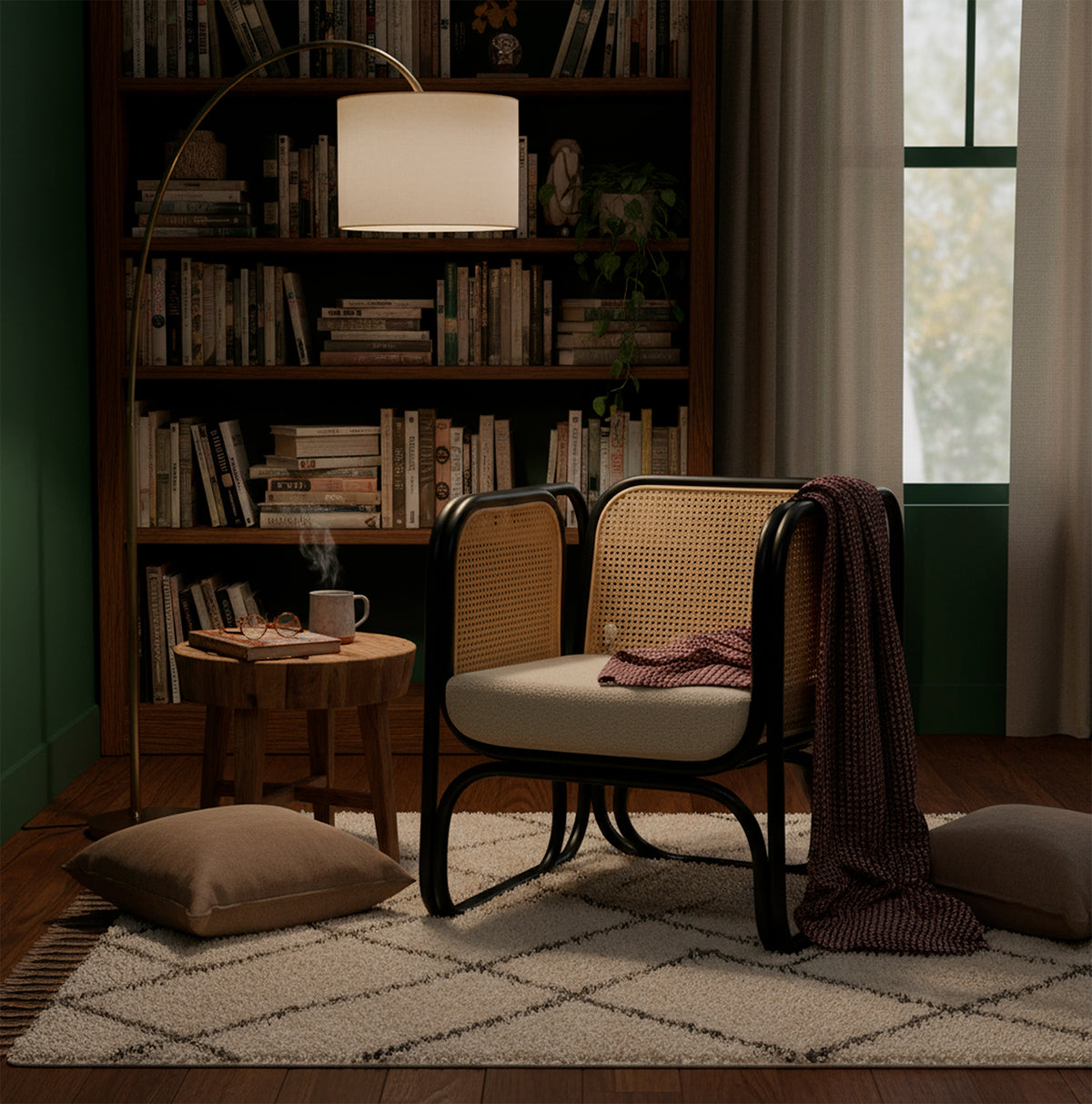 Black Rattan Iconic Chair with Boucle Cushion