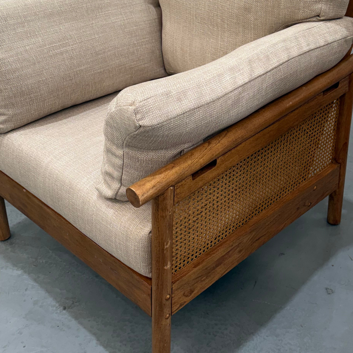 Mindi Light Oak Cane Armchair in Biscuit - Factory Fault