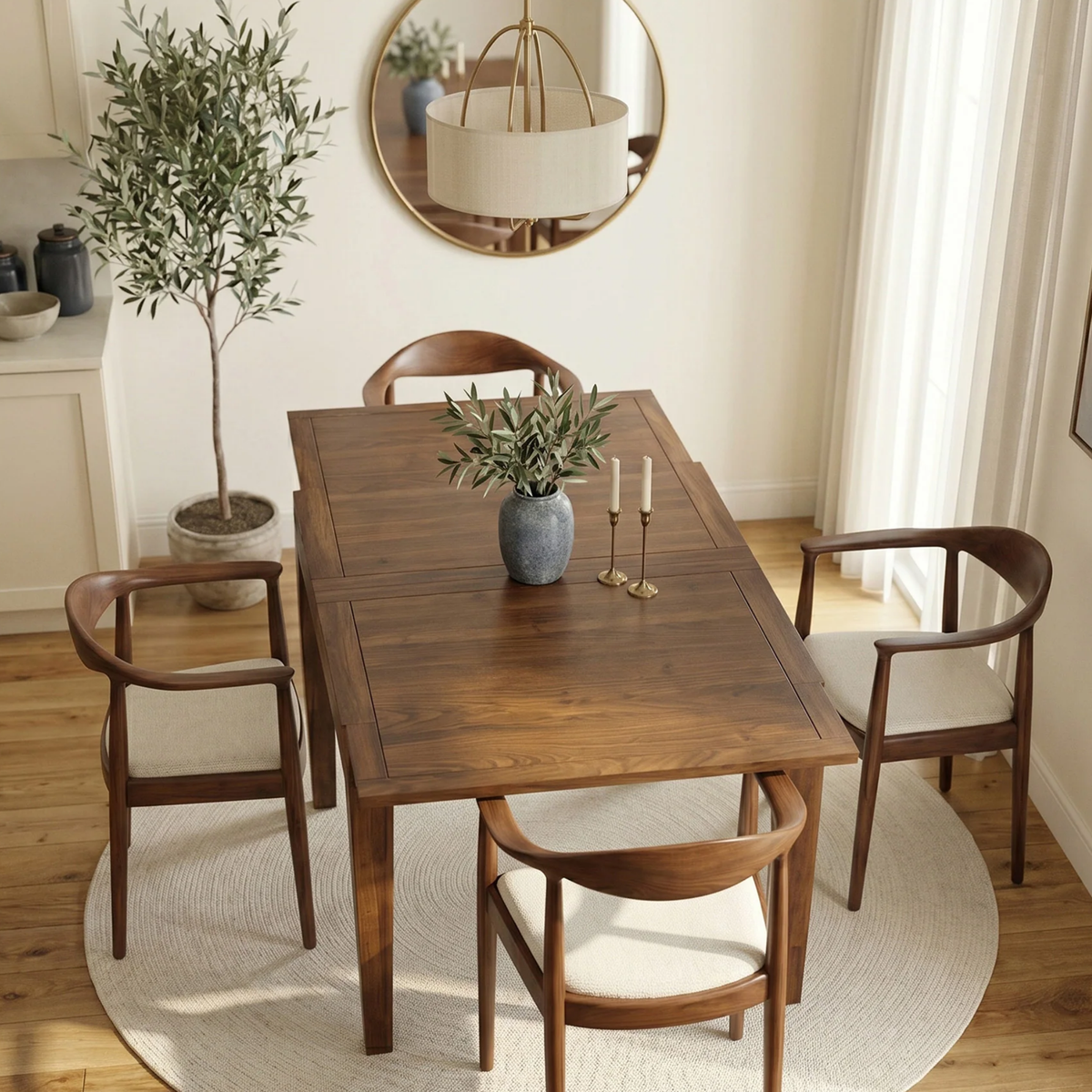 Juliet 90-180cm Walnut Dining Set – 4-Leg Extendable Table with 4 Fiora Oatmeal Boucle Chairs