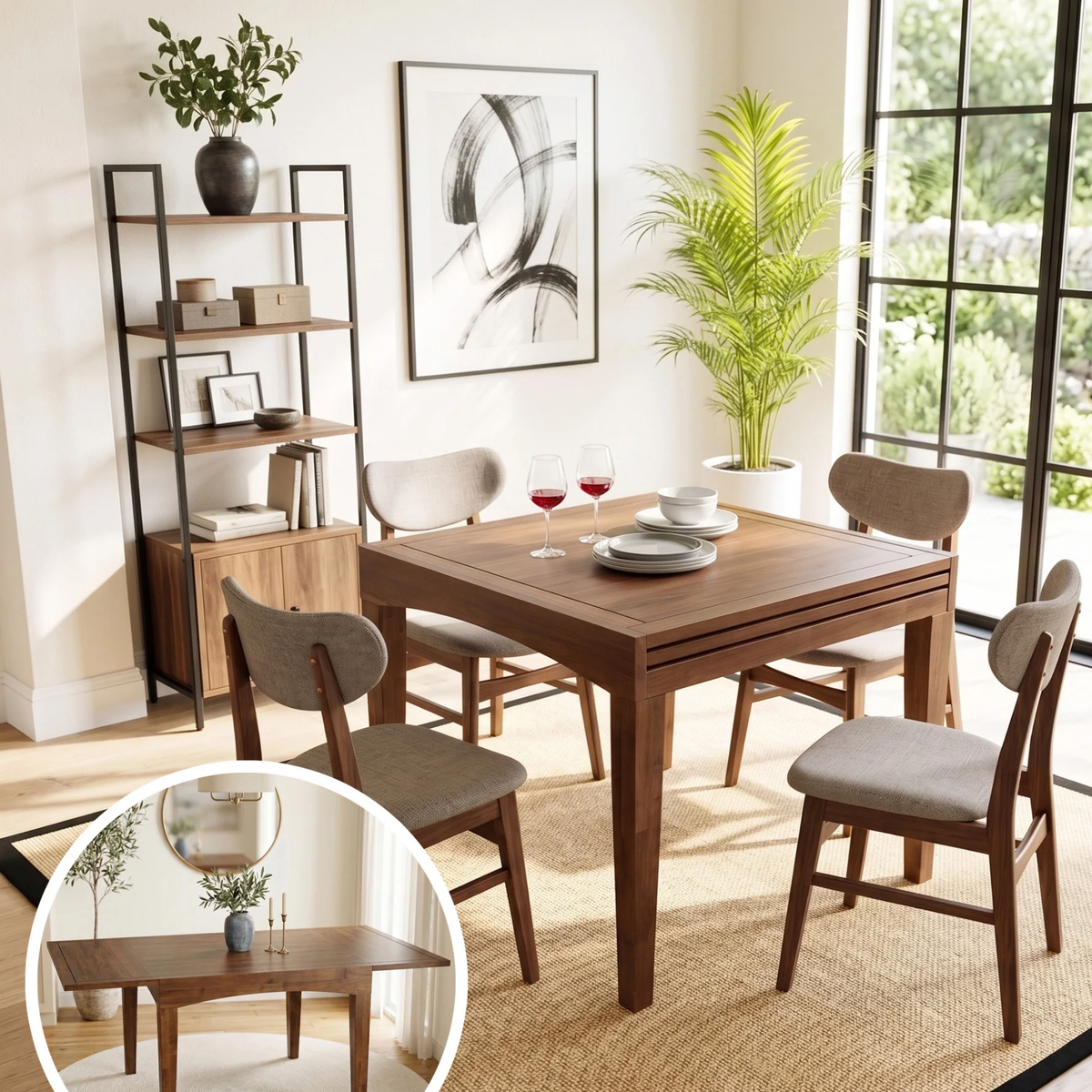 Juliet 90-180cm Walnut Dining Set – 4-Leg Extendable Table with 4 Orlando Oatmeal Boucle Chairs