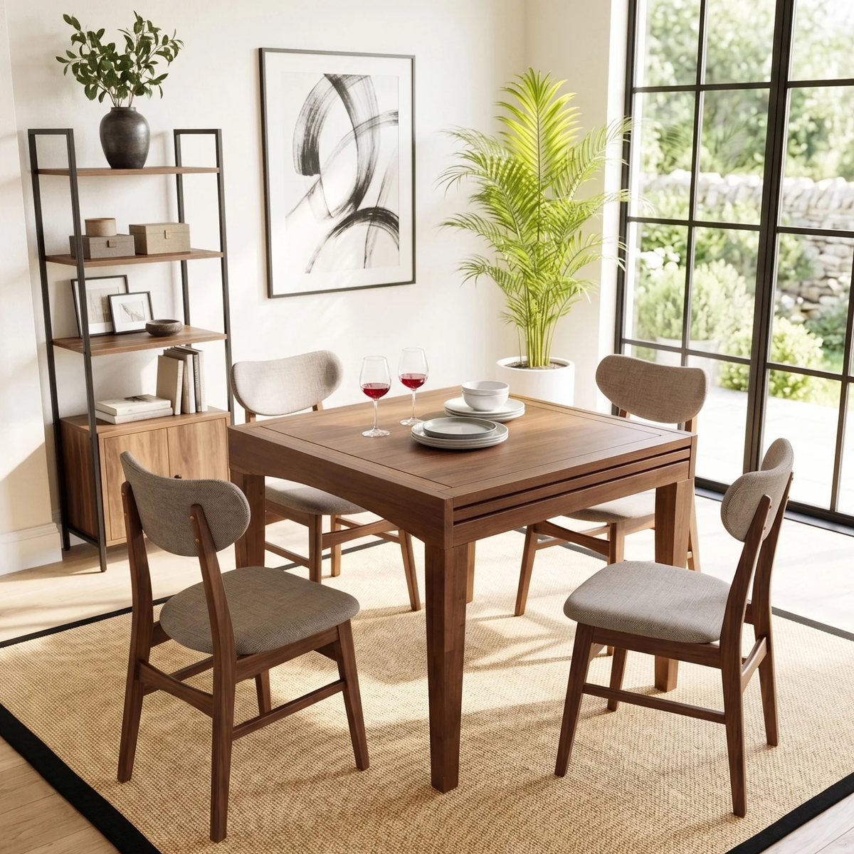 Juliet 90-180cm Walnut Dining Set – 4-Leg Extendable Table with 4 Orlando Oatmeal Boucle Chairs