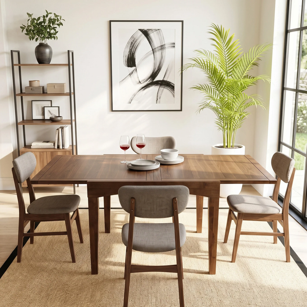 Juliet 90-180cm Walnut Dining Set – 4-Leg Extendable Table with 4 Orlando Oatmeal Boucle Chairs