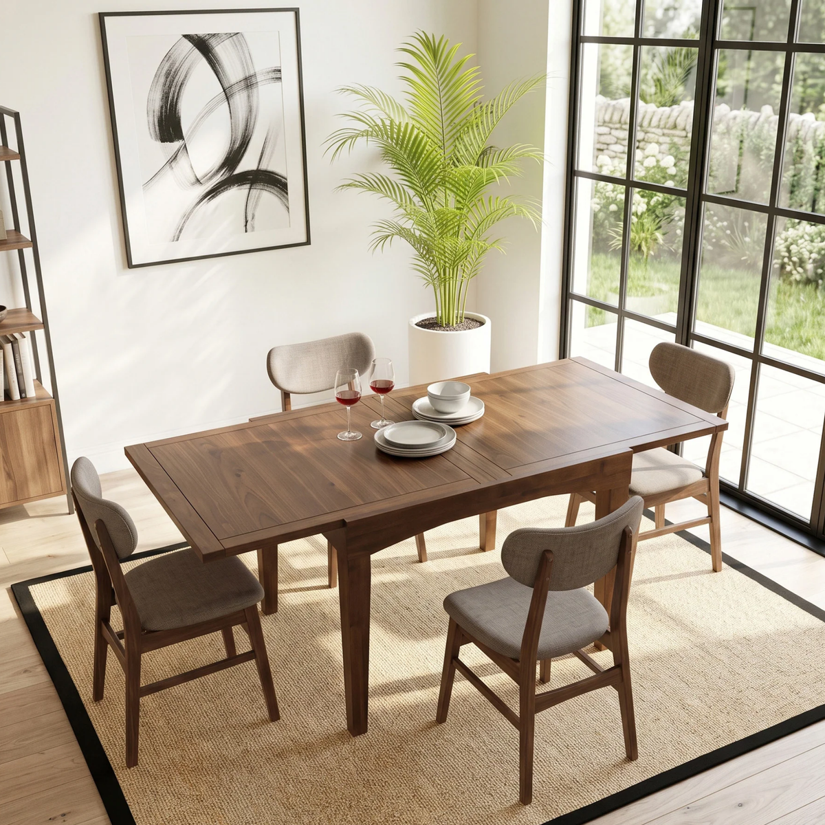 Juliet 90-180cm Walnut Dining Set – 4-Leg Extendable Table with 4 Orlando Oatmeal Boucle Chairs