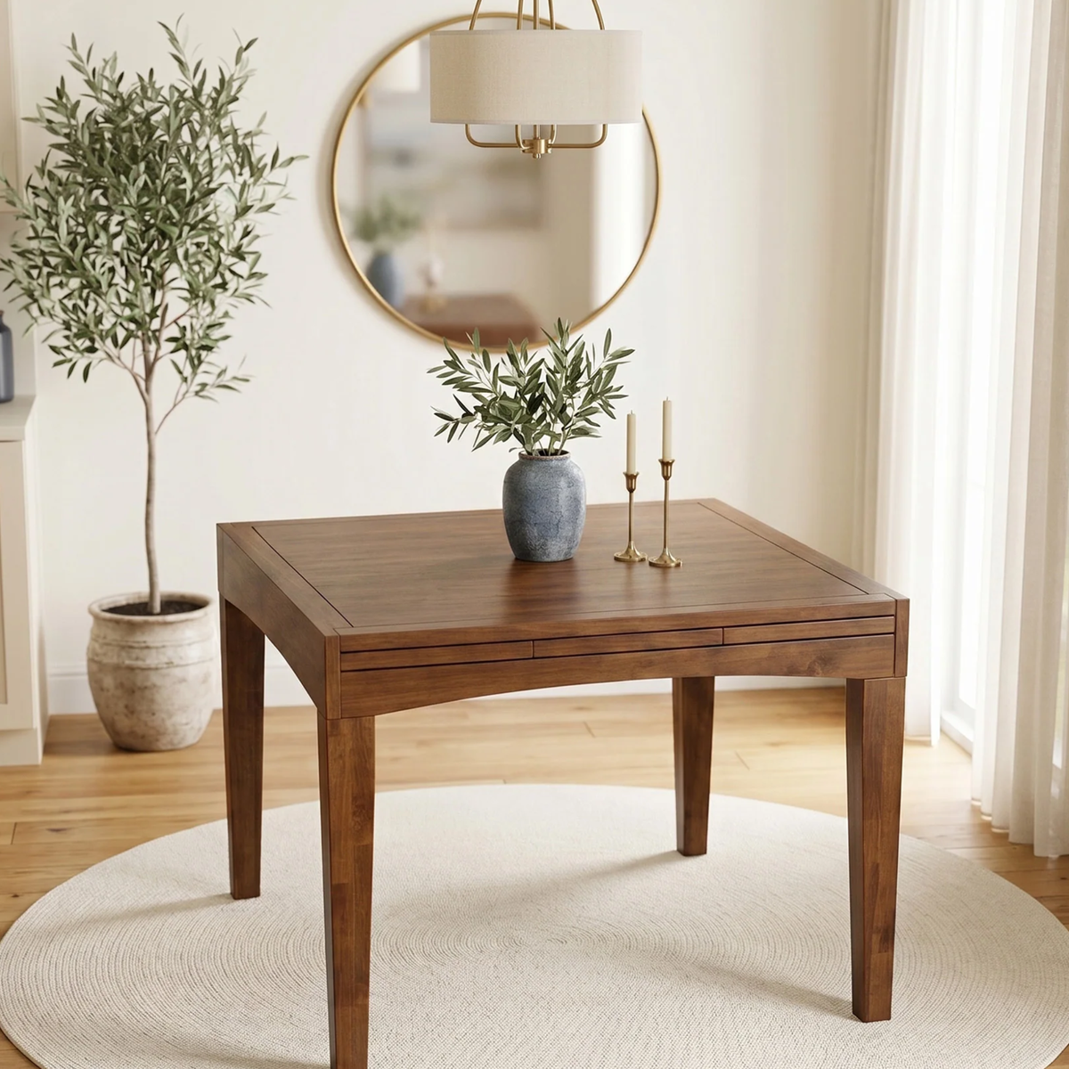 Juliet 90-180cm Walnut Dining Set – 4-Leg Extendable Table with 4 Orlando Oatmeal Boucle Chairs