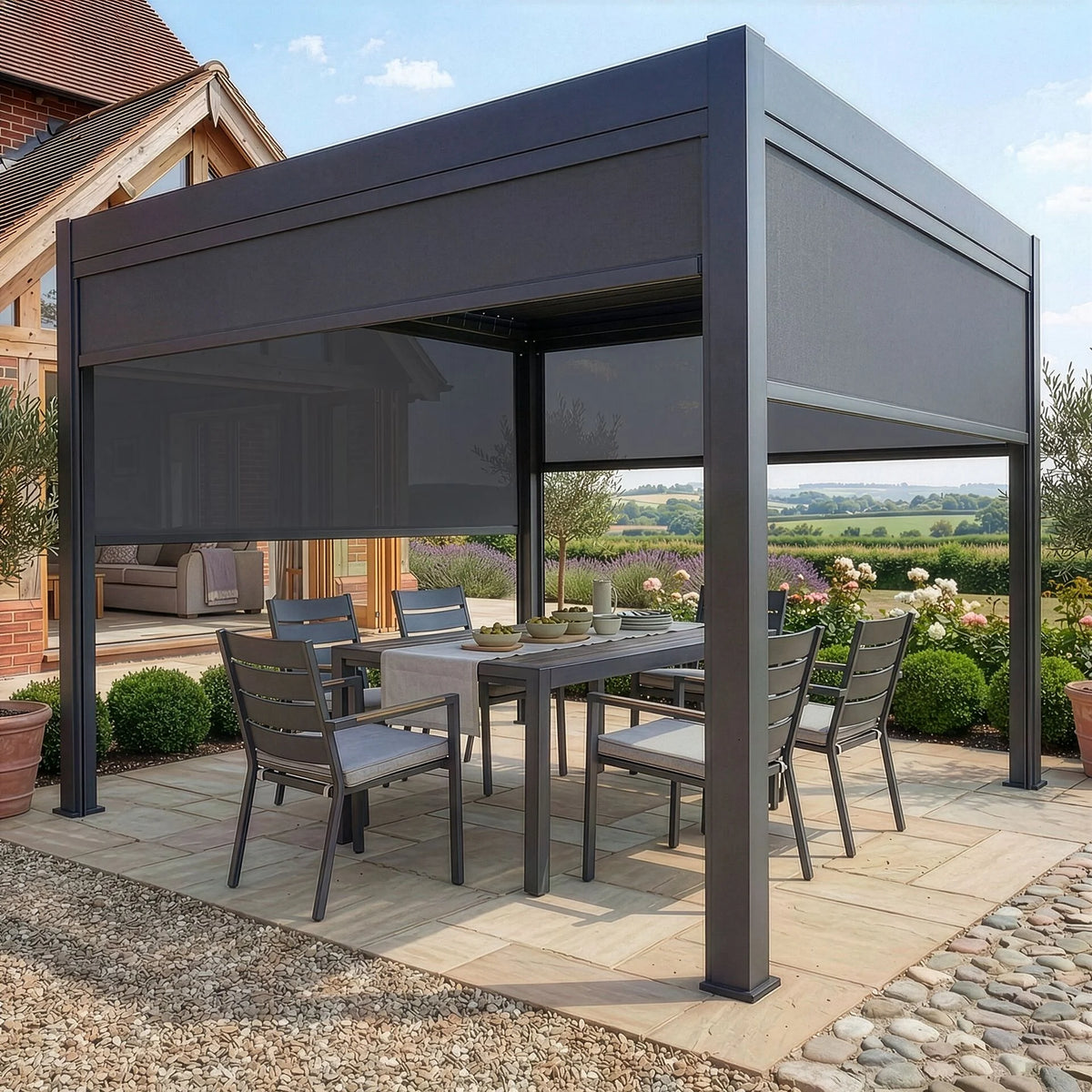 Juno Pergola Aluminium Rectangular 3m x 3m with Side Panels - Grey