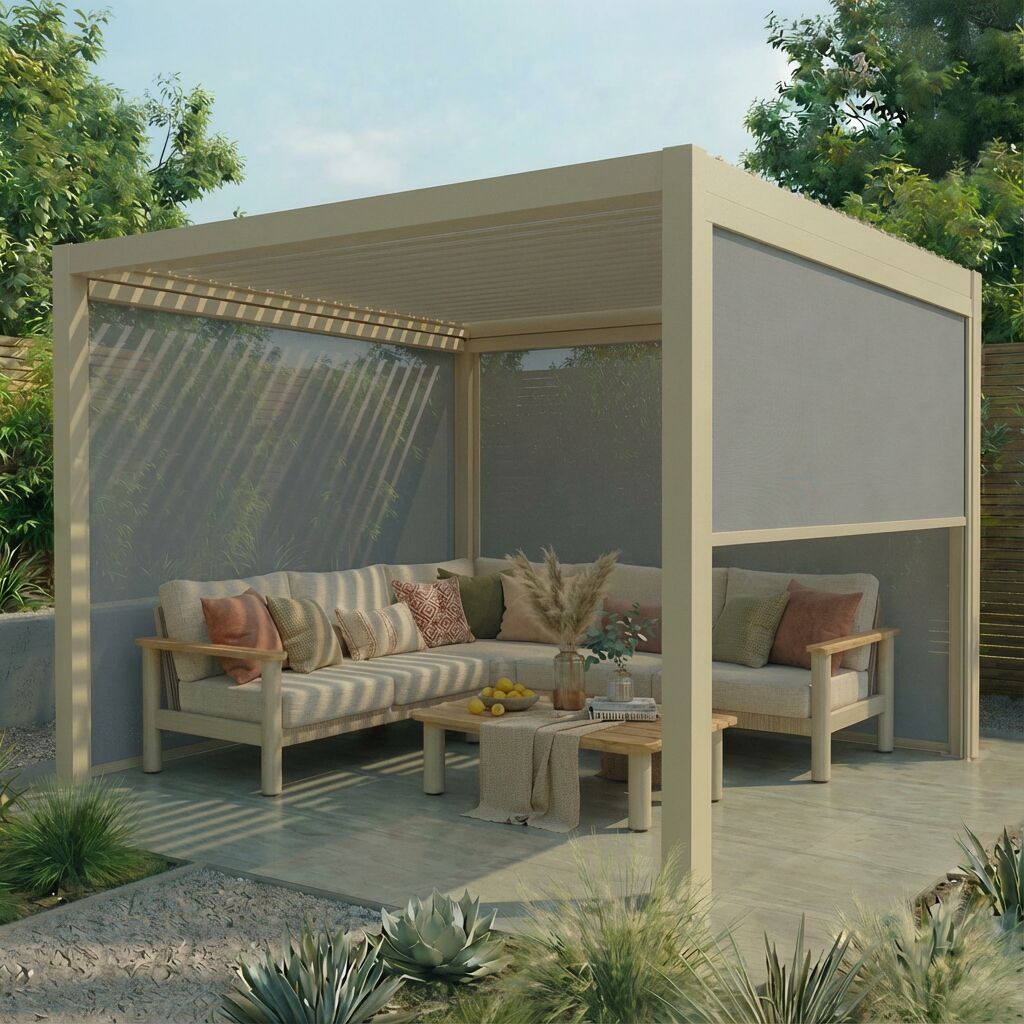 Juno Pergola Aluminium Rectangular 3m x 3m with Side Panels - Latte