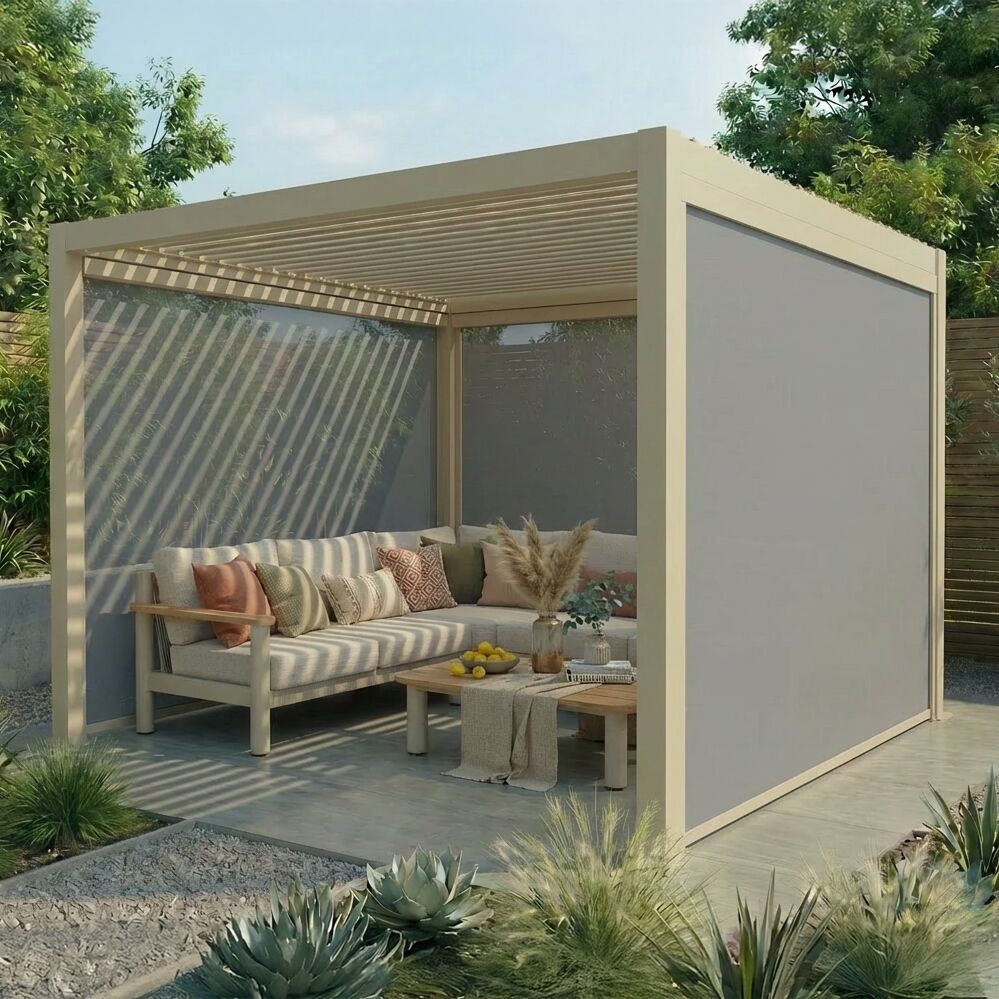 Juno Pergola Aluminium Rectangular 3m x 3m with Side Panels - Latte