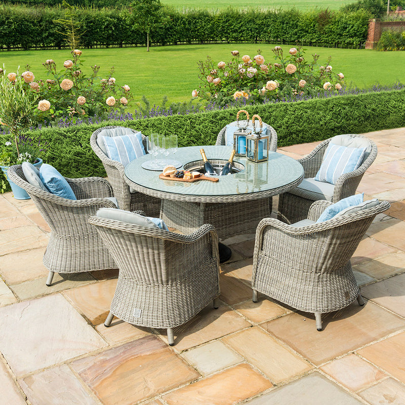 grasmere outdoor rattan 6 seat round dining set with heritage chairs, ice bucket & lazy susan