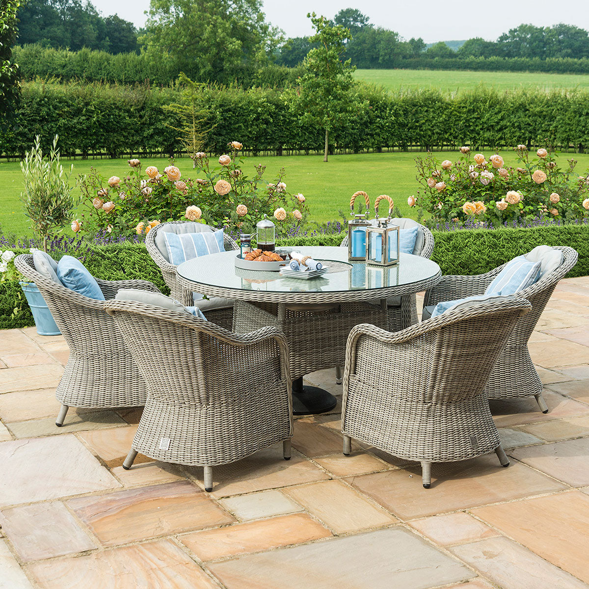 grasmere outdoor rattan 6 seat round dining set with heritage chairs, ice bucket & lazy susan