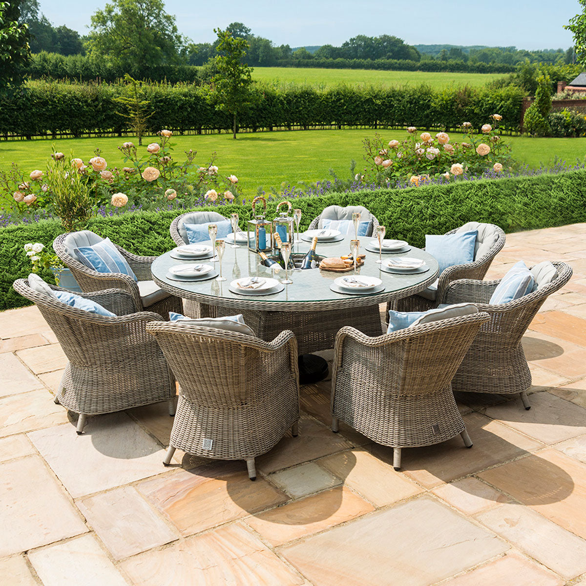 grasmere outdoor rattan 8 seat round dining set with heritage chairs, ice bucket & lazy susan