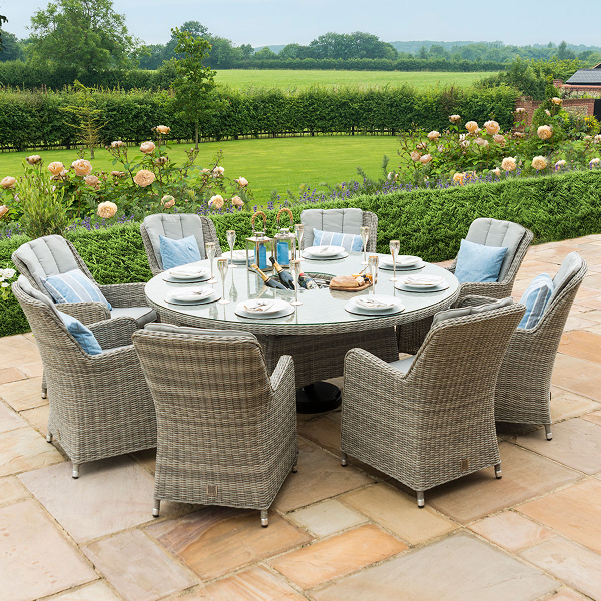 grasmere outdoor rattan 8 seat round dining set with venice chairs, ice bucket & lazy susan