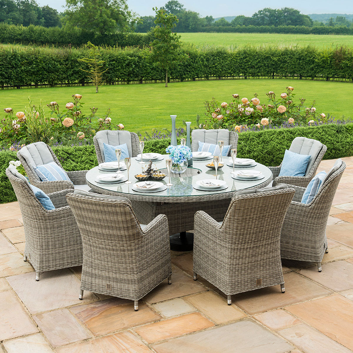 grasmere outdoor rattan 8 seat round dining set with venice chairs, ice bucket & lazy susan