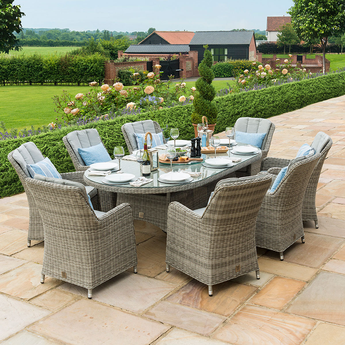 grasmere outdoor rattan 8 seat oval dining set with venice chairs, ice bucket & lazy susan