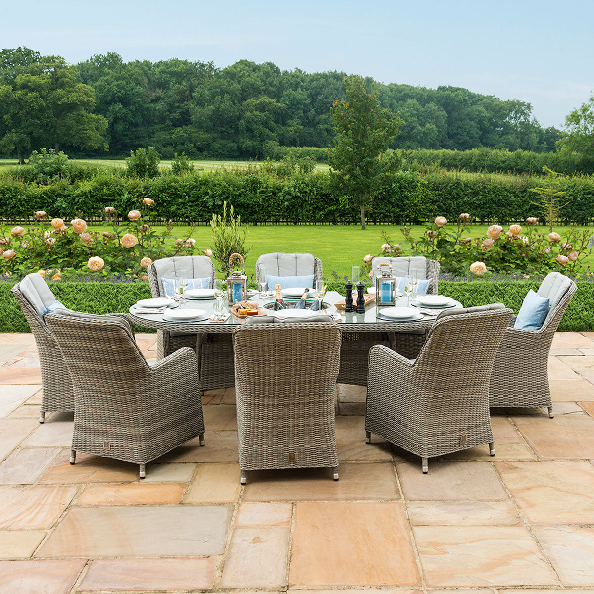 grasmere outdoor rattan 8 seat oval dining set with venice chairs, ice bucket & lazy susan