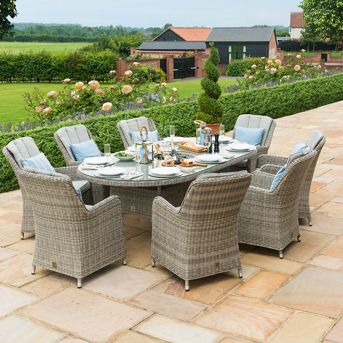 grasmere outdoor rattan 8 seat oval dining set with venice chairs, ice bucket & lazy susan