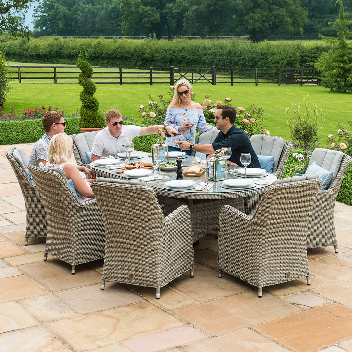 grasmere outdoor rattan 8 seat oval dining set with venice chairs, ice bucket & lazy susan