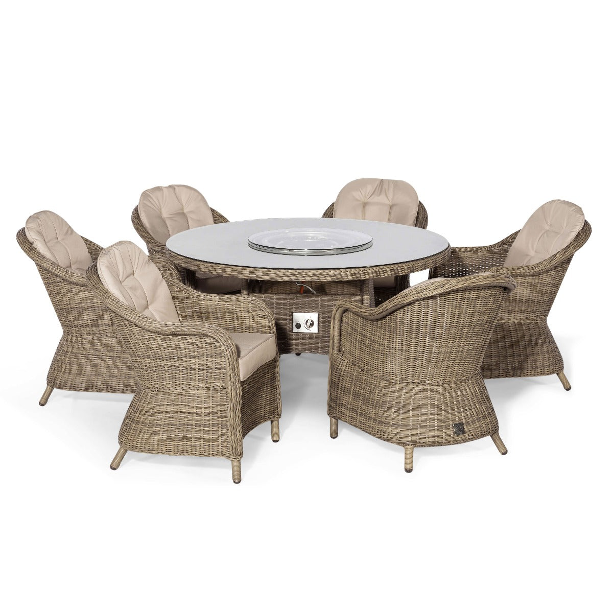 windemere outdoor rattan 6 seat dining set with round fire pit table & lazy susan