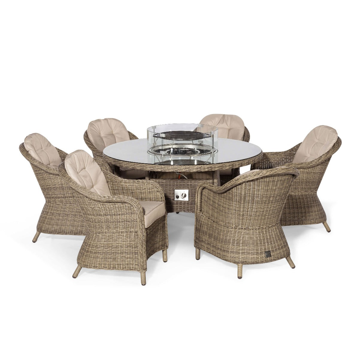 windemere outdoor rattan 6 seat dining set with round fire pit table & lazy susan