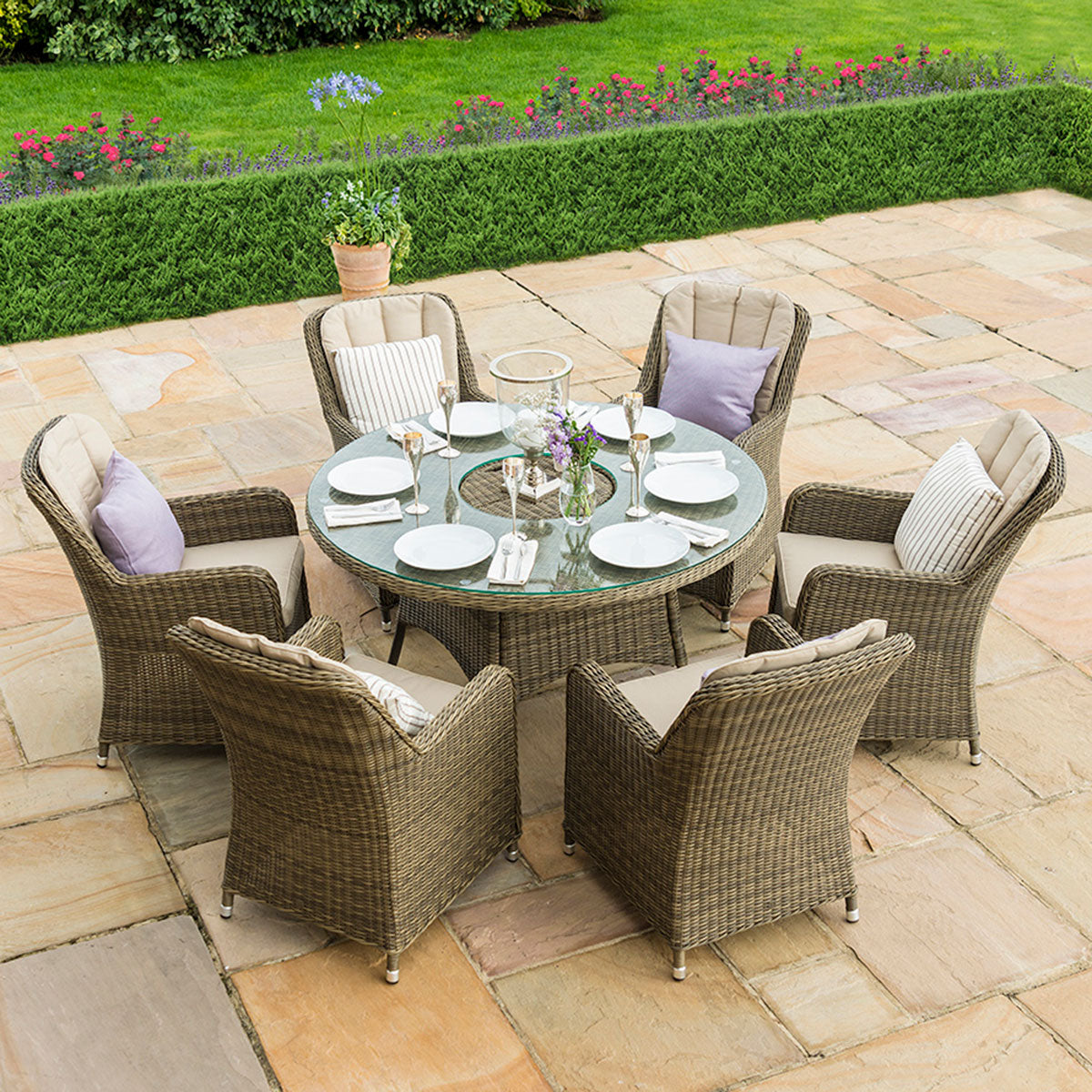 windemere outdoor rattan 6 seat dining set round table with ice bucket & lazy susan