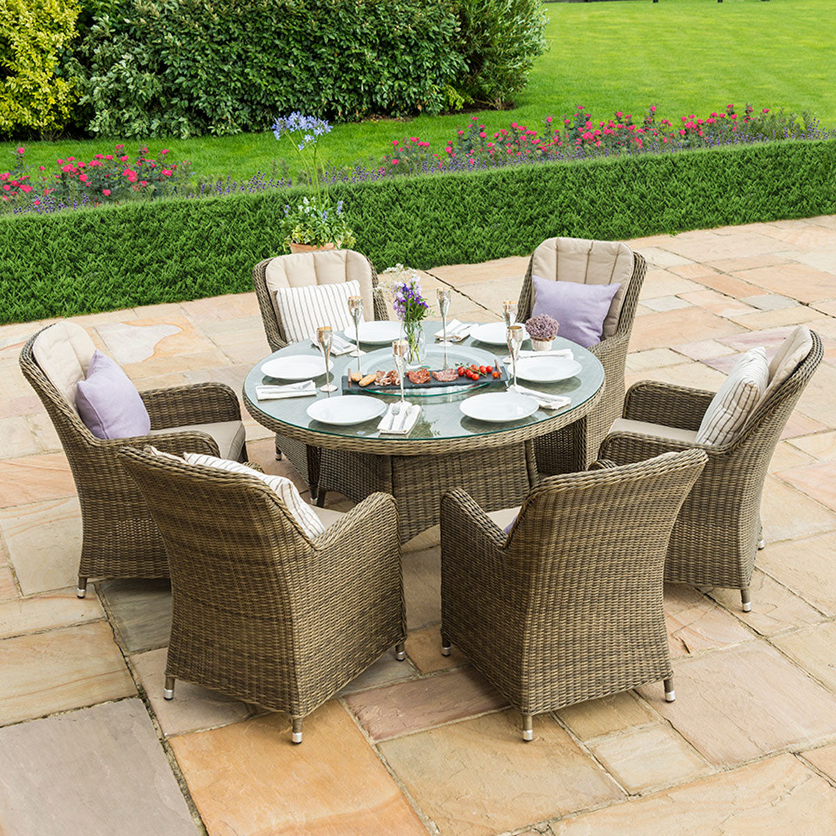 windemere outdoor rattan 6 seat dining set round table with ice bucket & lazy susan