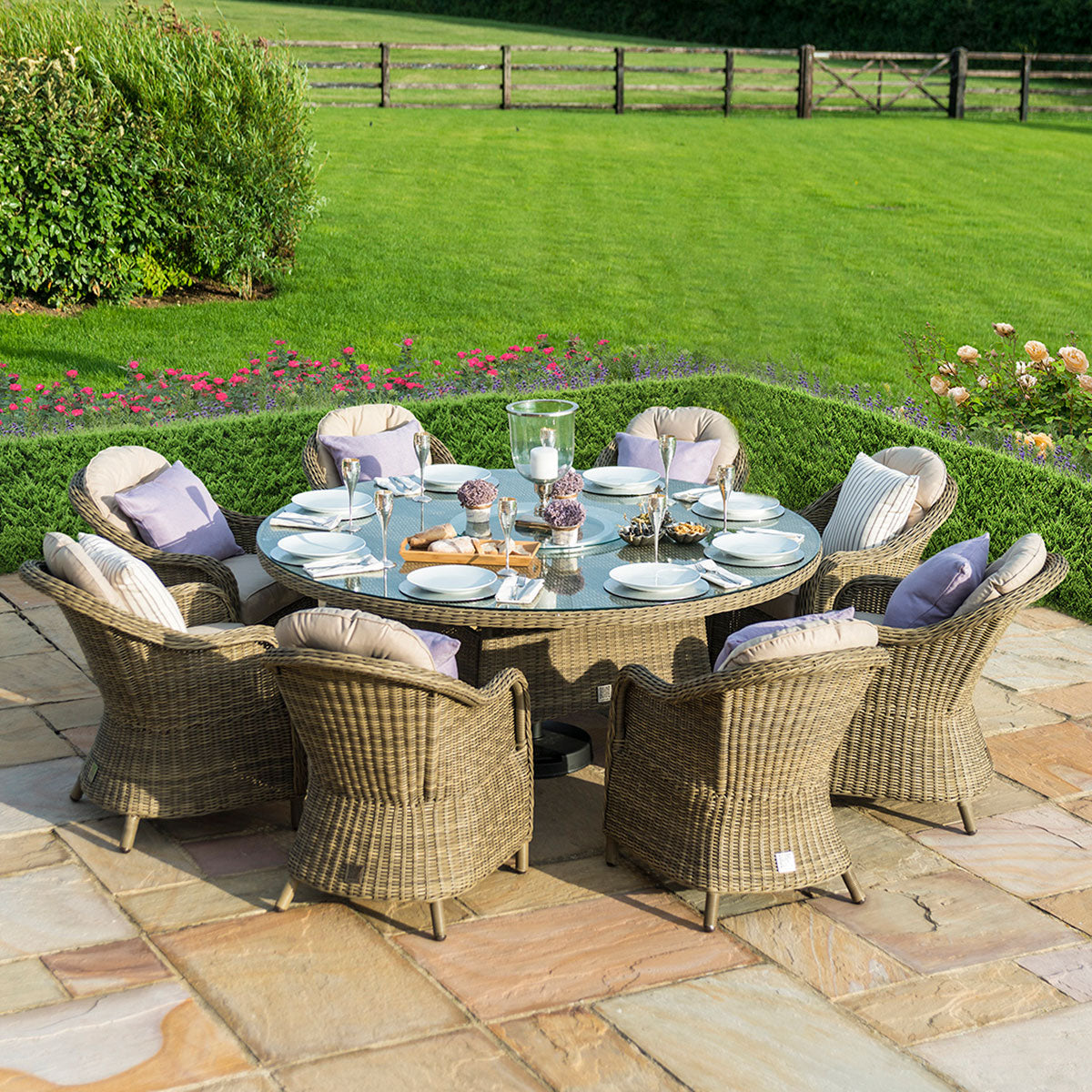 windemere outdoor rattan 8 seat dining set round table with ice bucket & lazy susan