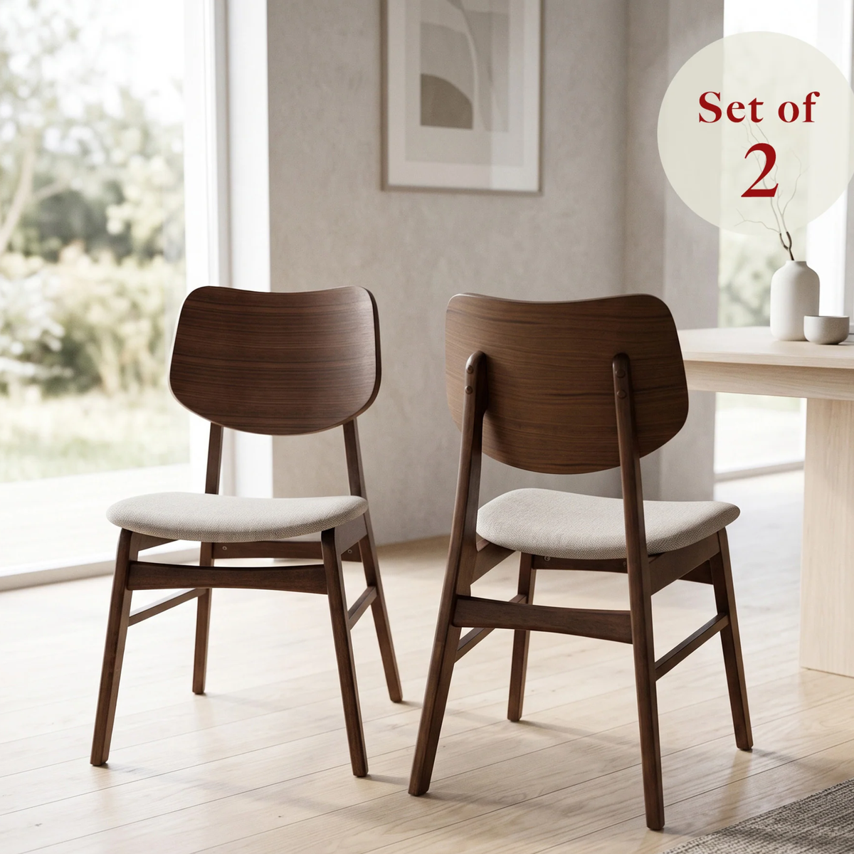 Kibano Walnut Curved Wood Set of 2 Dining Chairs in Oatmeal Boucle