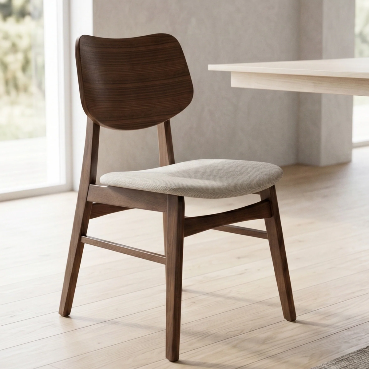 Kibano Walnut Curved Wood Set of 2 Dining Chairs in Oatmeal Boucle