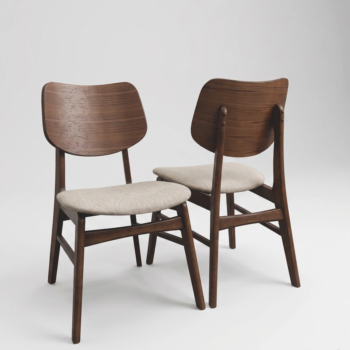 Kibano Walnut Curved Wood Set of 2 Dining Chairs in Oatmeal Boucle