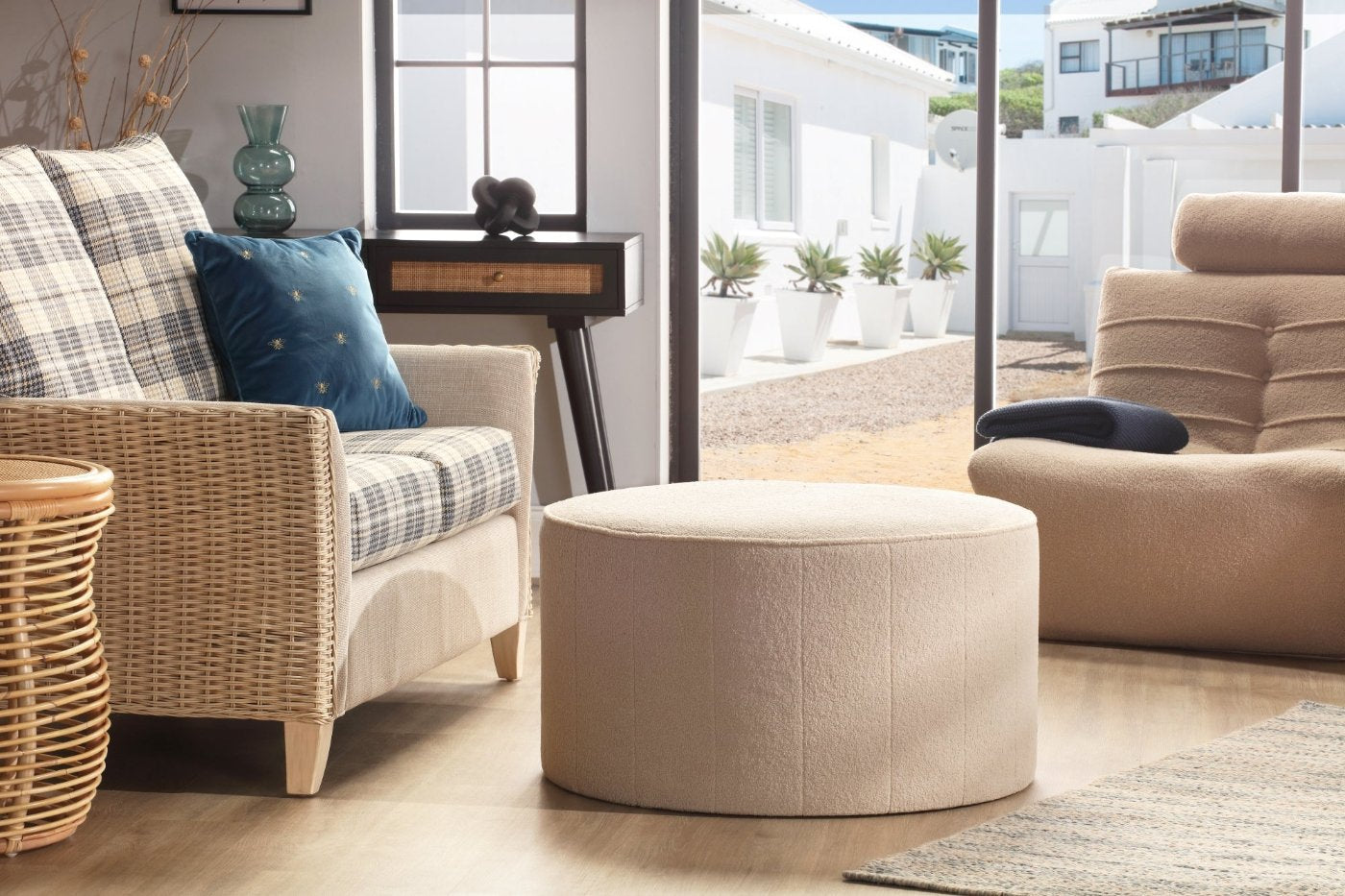 Large Boucle Round Footstool Pouffe UK Made