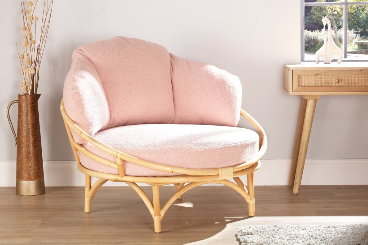 rattan natural snug cuddle chair in powder pink