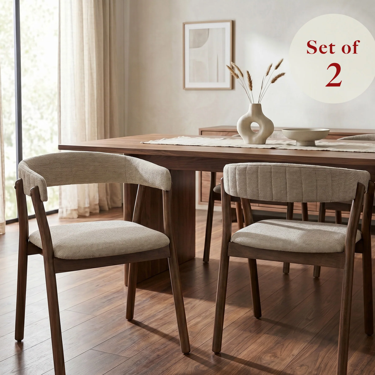 Lionara Walnut Wraparound Set of 2 Dining Chairs in Oatmeal Boucle