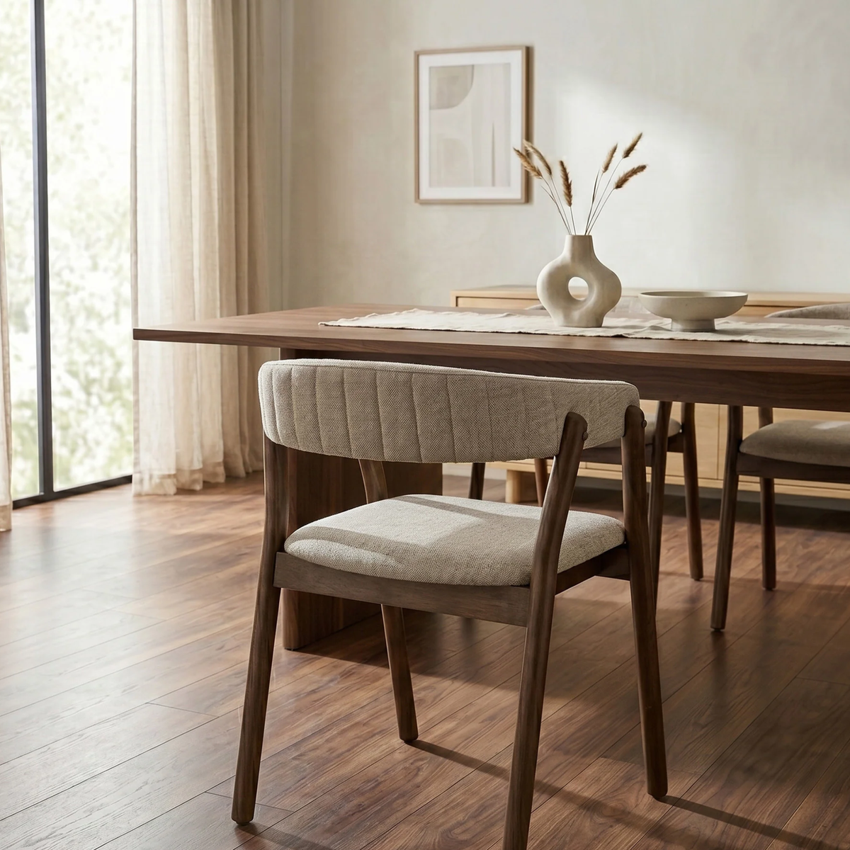 Lionara Walnut Wraparound Set of 2 Dining Chairs in Oatmeal Boucle