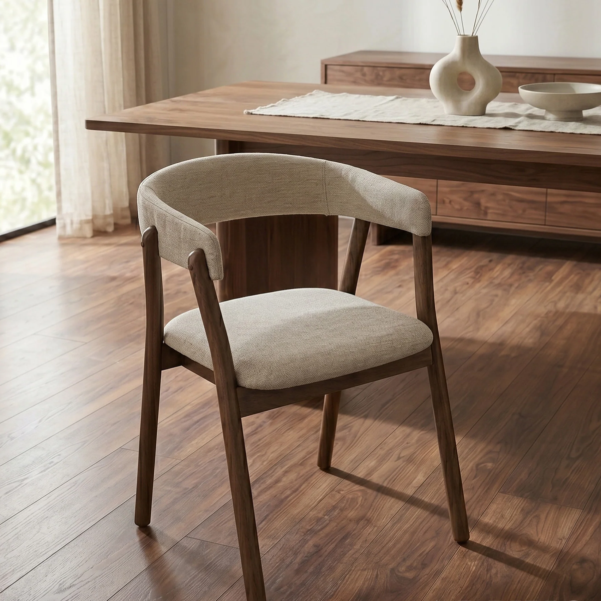 Lionara Walnut Wraparound Set of 2 Dining Chairs in Oatmeal Boucle