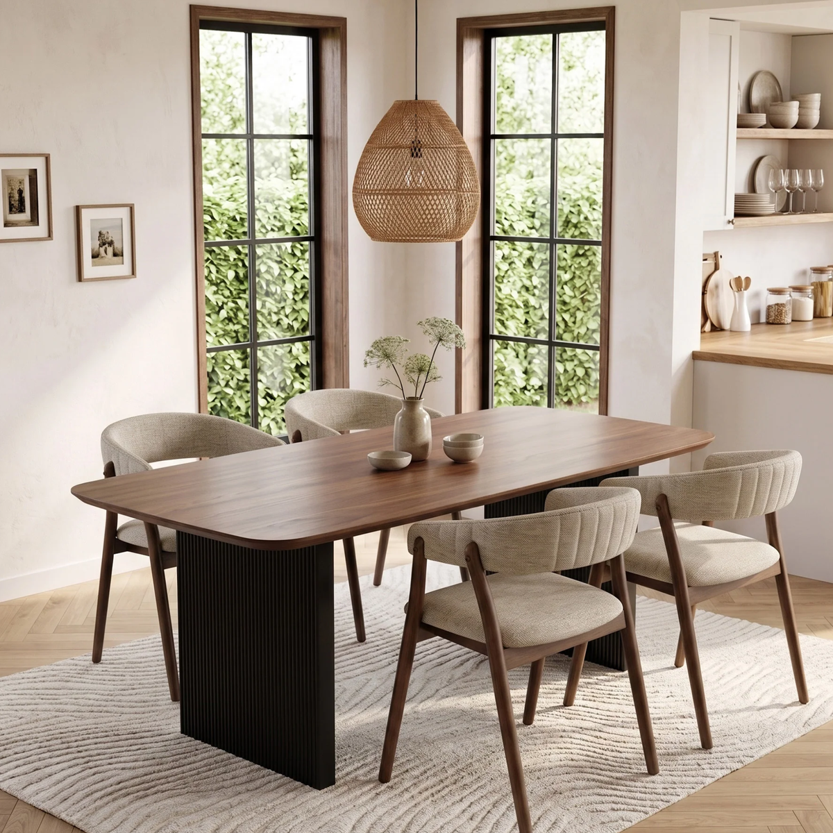 Lionara Walnut Wraparound Set of 2 Dining Chairs in Oatmeal Boucle
