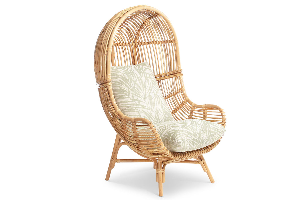 loft chair natural rattan in leafy green tropical fabric