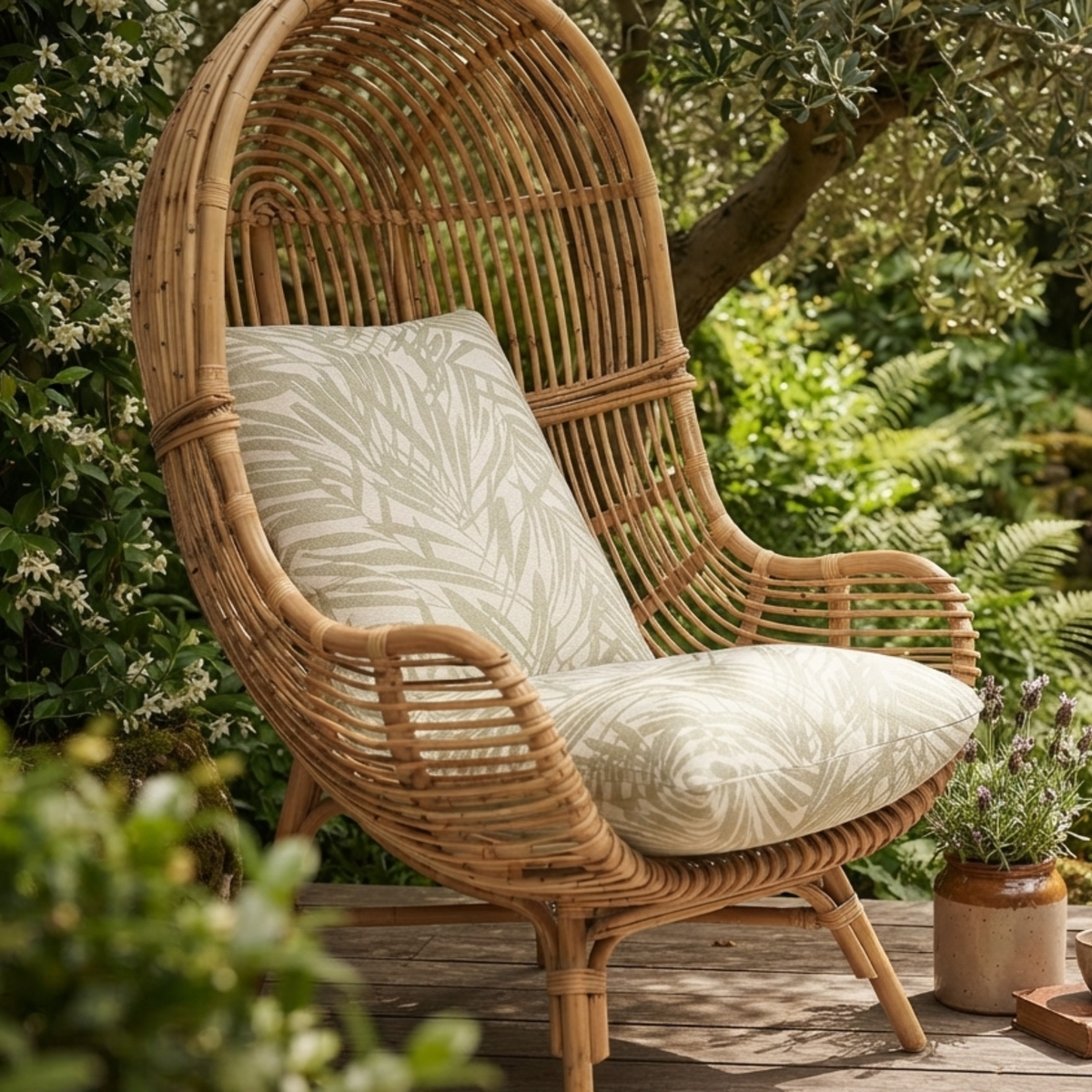 Loft Chair Natural Rattan in Leafy Green Tropical Fabric