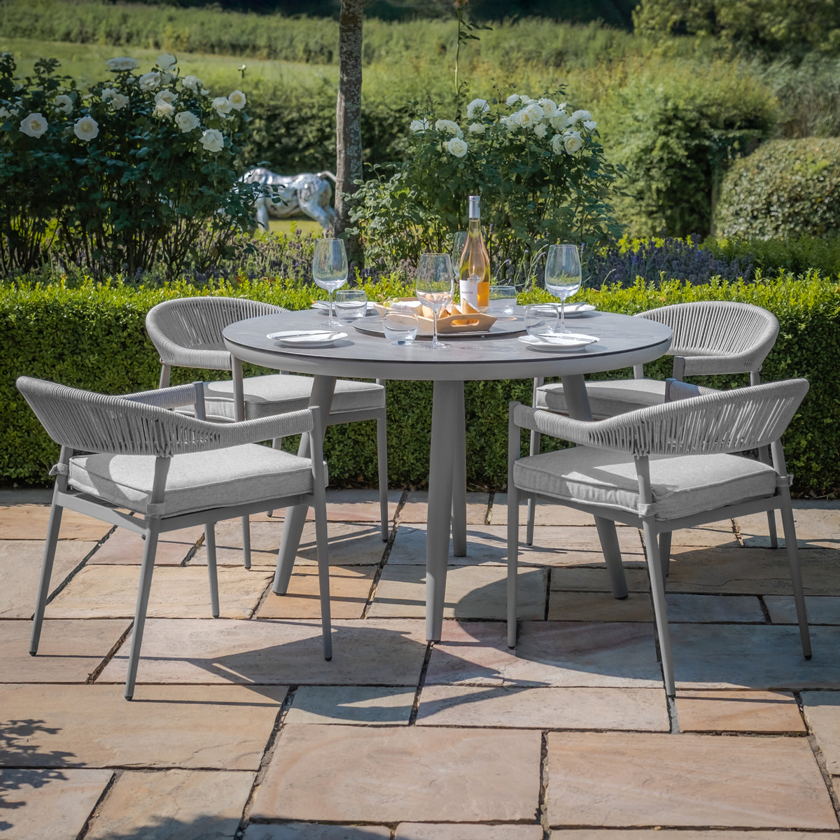 Loretto 4 Seat Round Dining Set With Lazy Susan - Cool Linen
